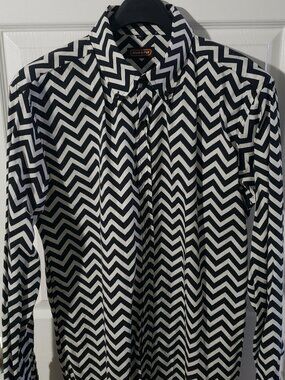 MENS 1960'S STYLE RUN & FLY BLACK ZIG ZAG BUTTON DOWN COLLAR SLIM FIT SHIRT XL